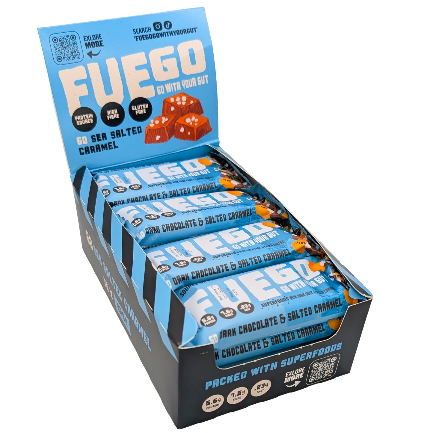 16 Dark Choc & Salted Caramel Superfood Fibre Bar - fuegobars